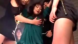 Asian Girl Standing With Tied Arms Getting Her Tits Body Pussy Rubbed By Many Girls